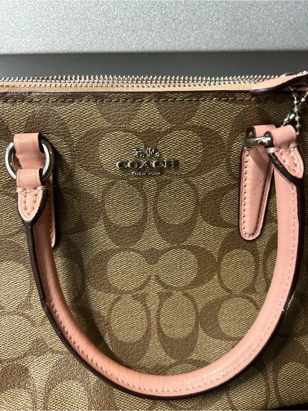 Coach Signature Logo Satchel Top Handle Zip Detachable Strap Brown Pink